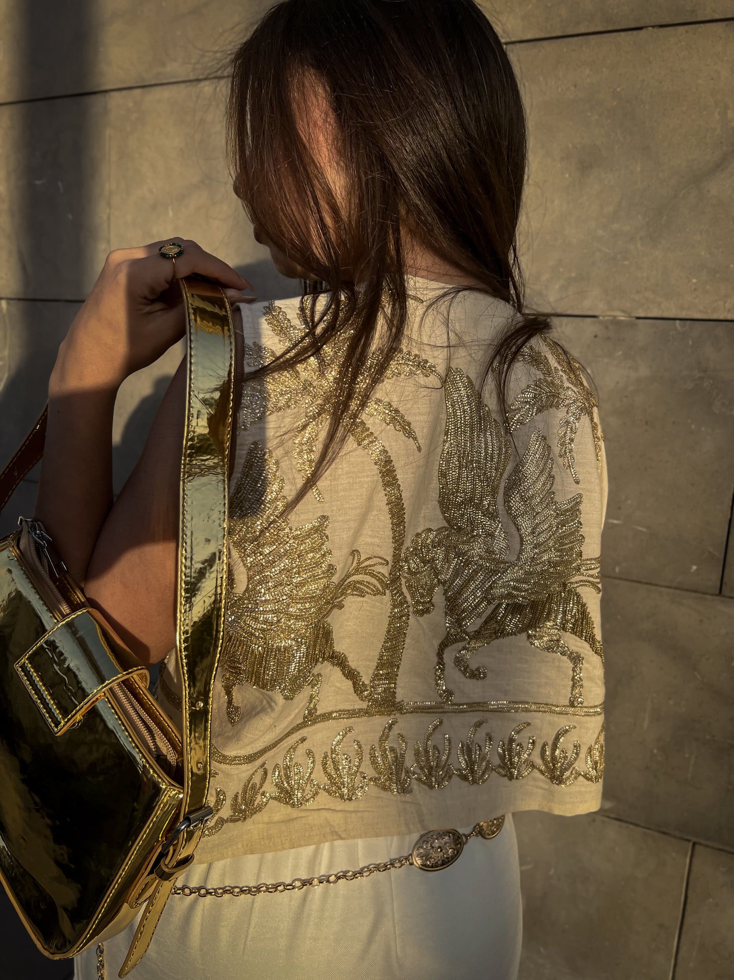 Boho Gold embroidery Horses linen set