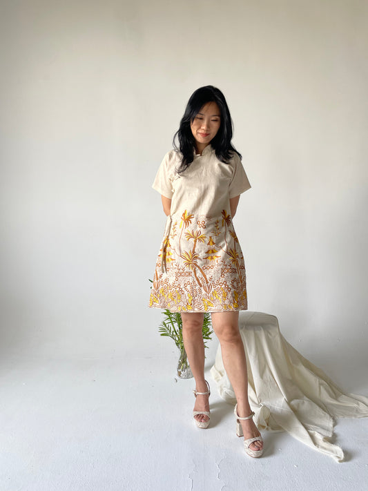 Cheongsam Dress - Brown and Yellow Embroidery