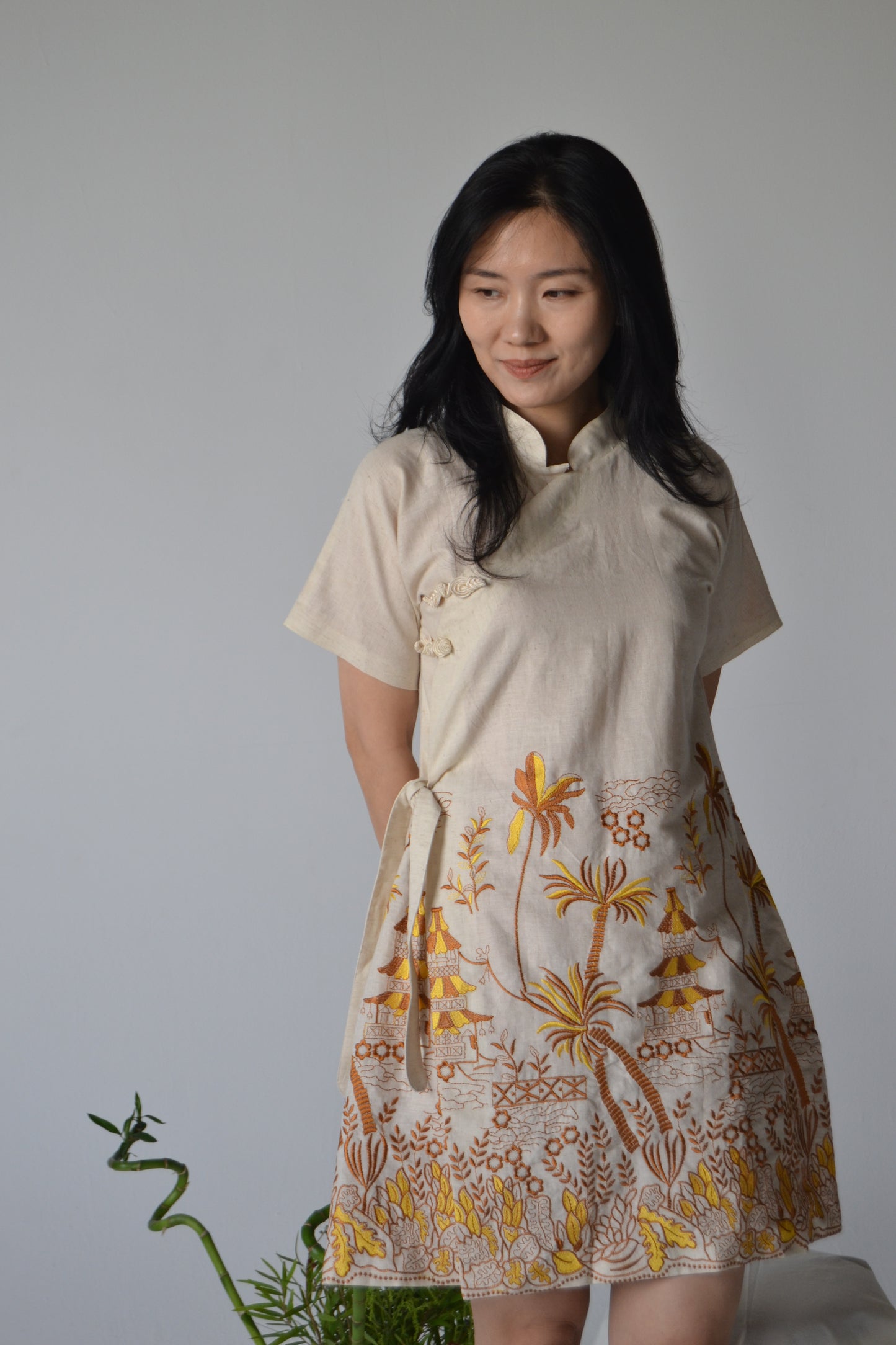 Cheongsam Dress - Brown and Yellow Embroidery