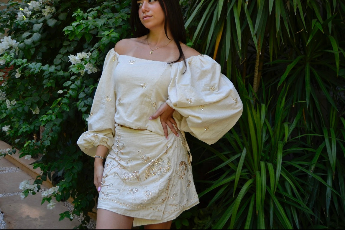 Puff rose gold embroidered blouse