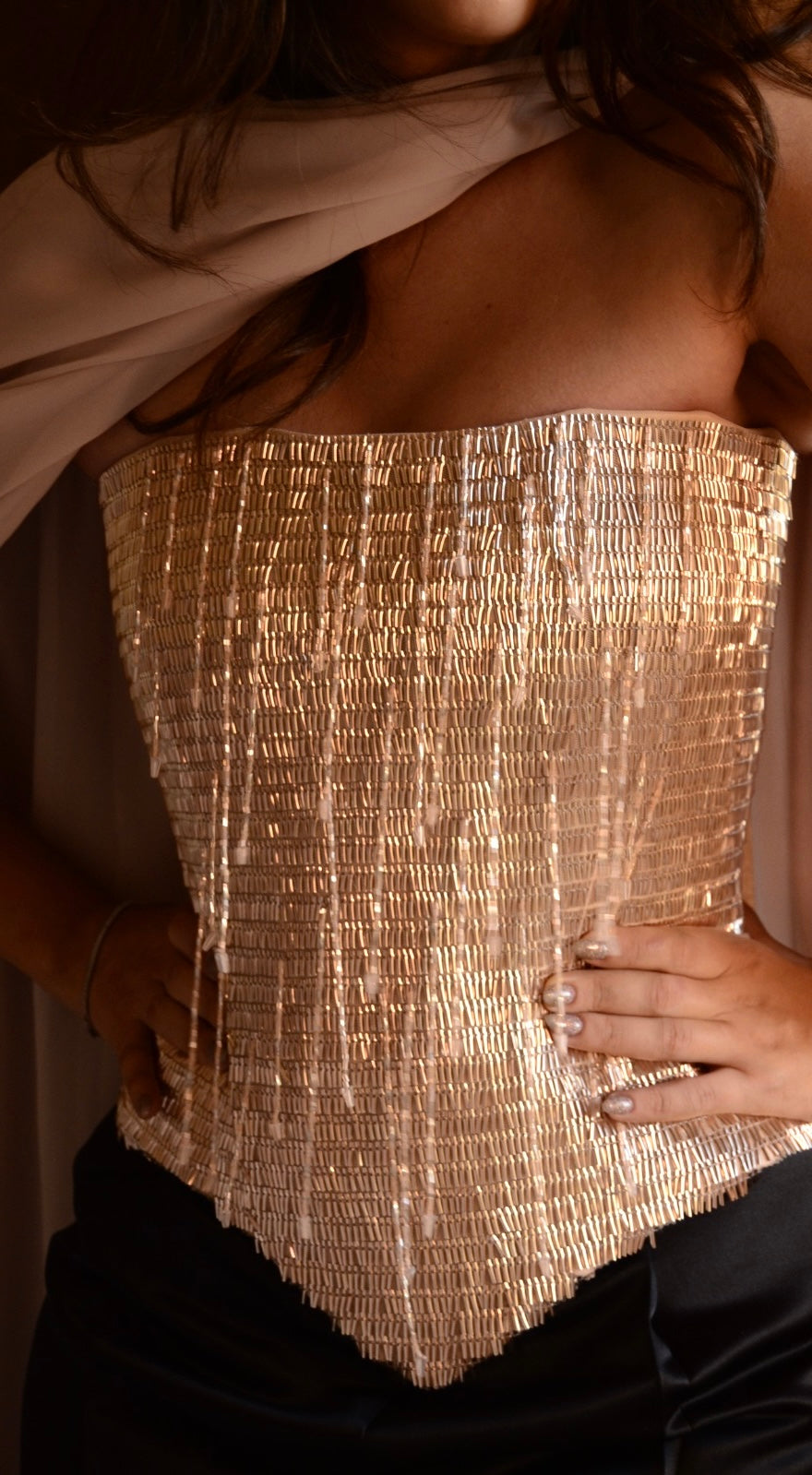 Rose gold sequins and crystals corset with its matching scarf