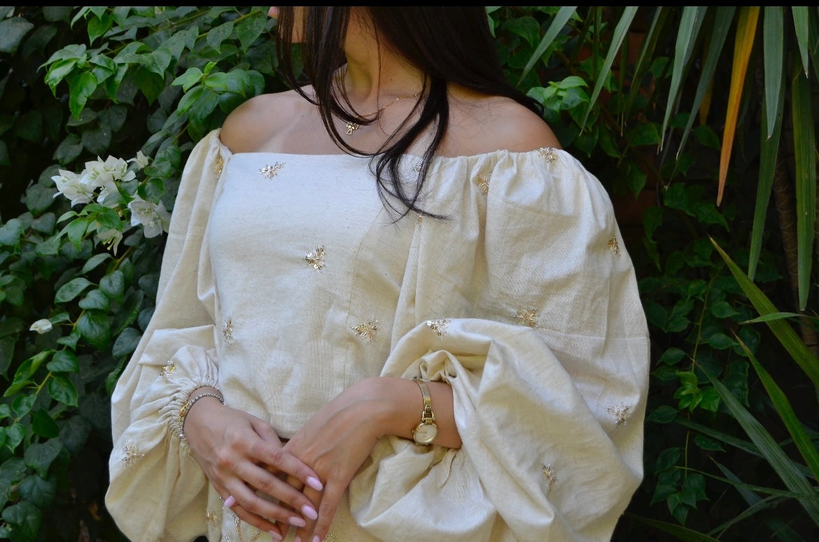 Puff rose gold embroidered blouse