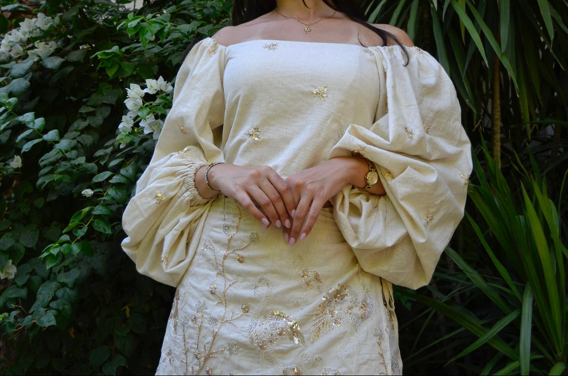 Puff rose gold embroidered blouse