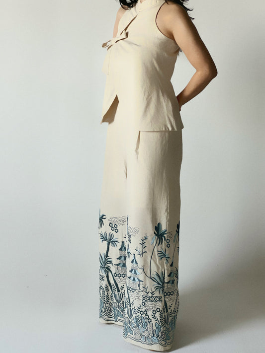 Navy and blue Embroidered Pants