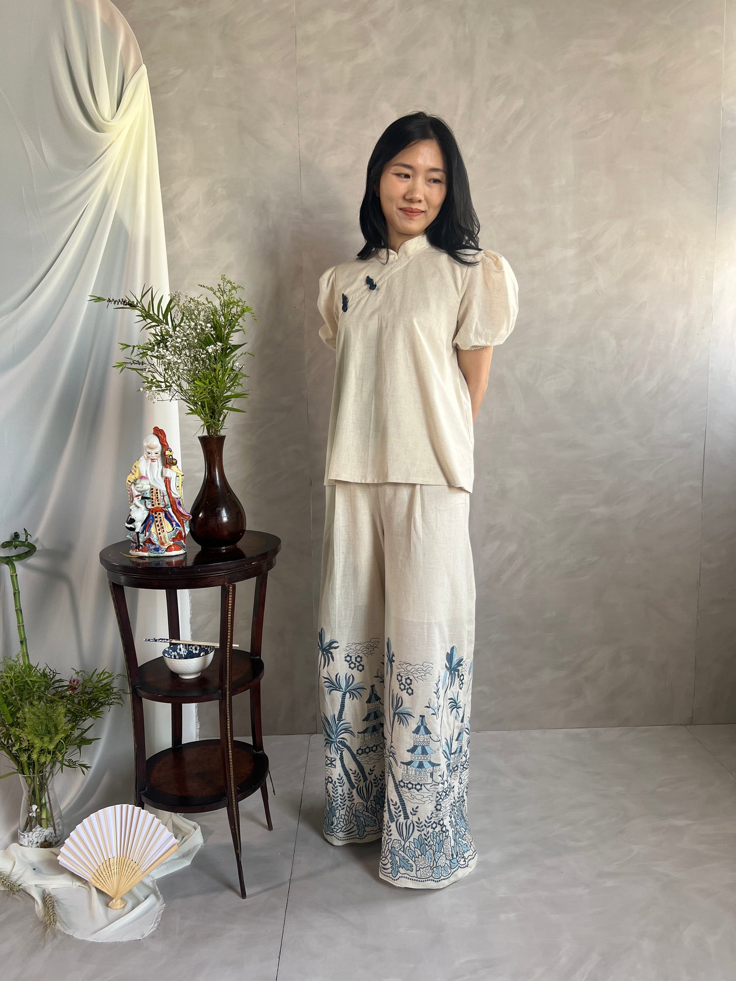 Navy and blue Embroidered Pants