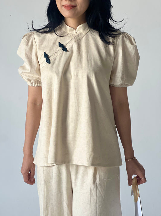 Chinoiserie navy Puffed sleeves blouse