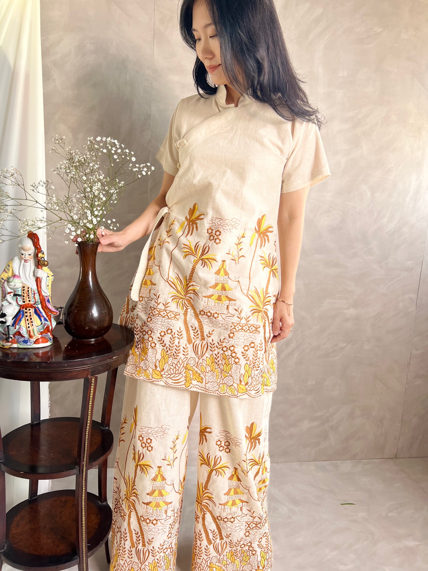 Cheongsam Dress - Brown and Yellow Embroidery