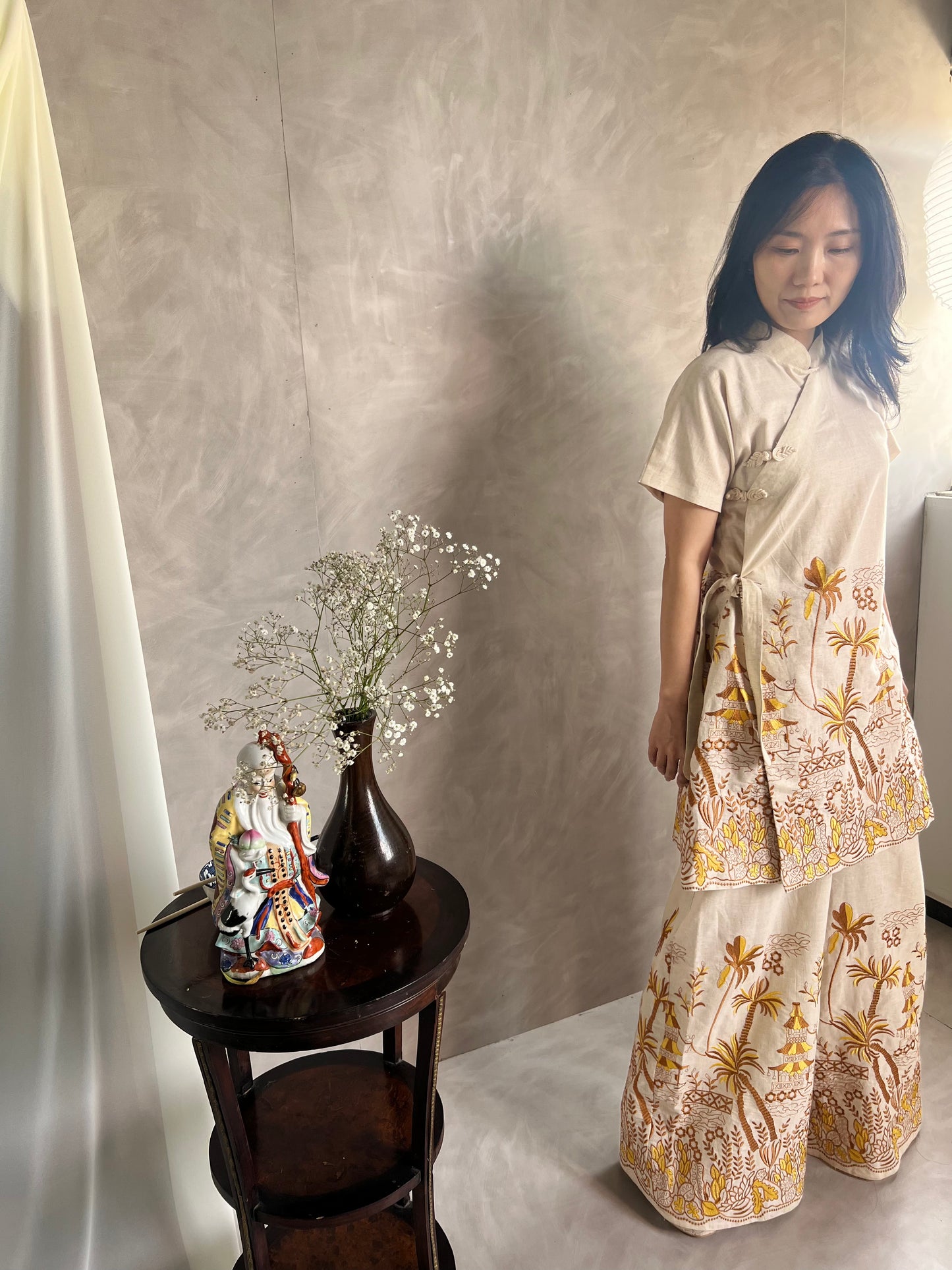Cheongsam Dress - Brown and Yellow Embroidery