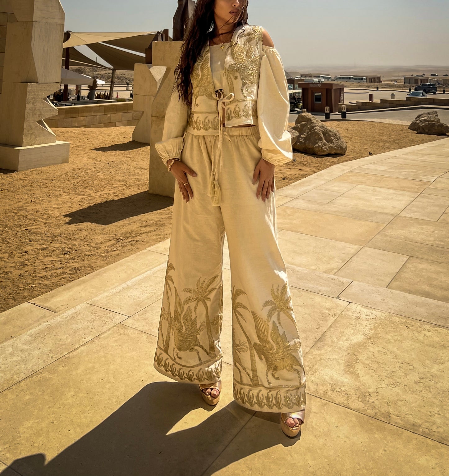 Boho Gold embroidery Horses linen set