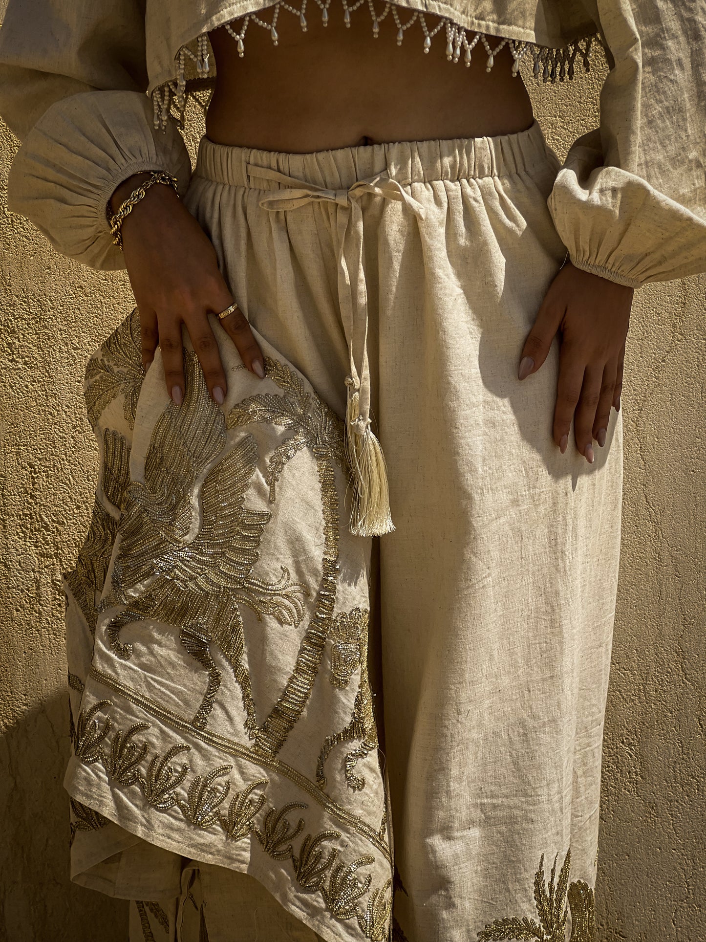 Boho Gold embroidery Horses linen set