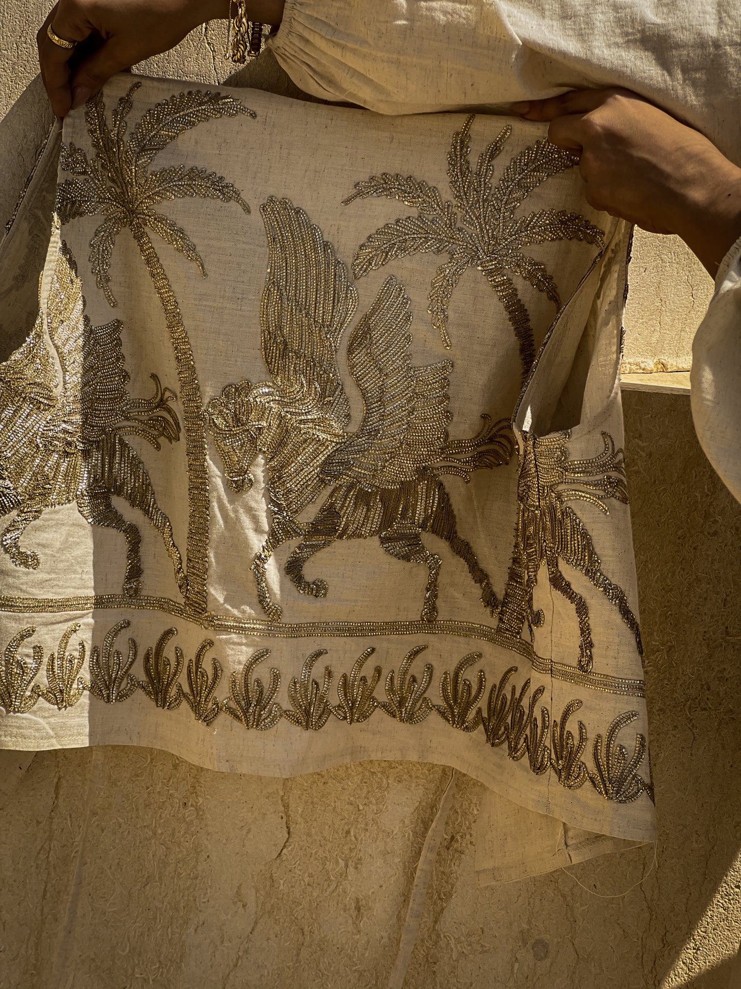 Boho Gold embroidery Horses linen set