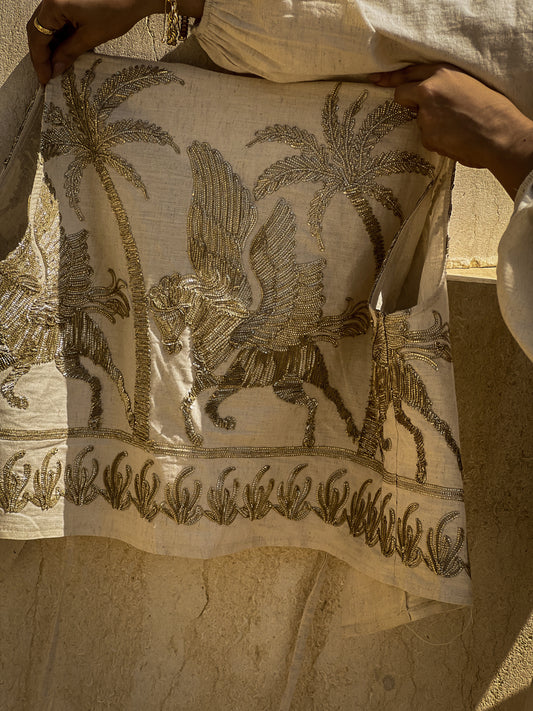 Boho Gold embroidery Horses linen set