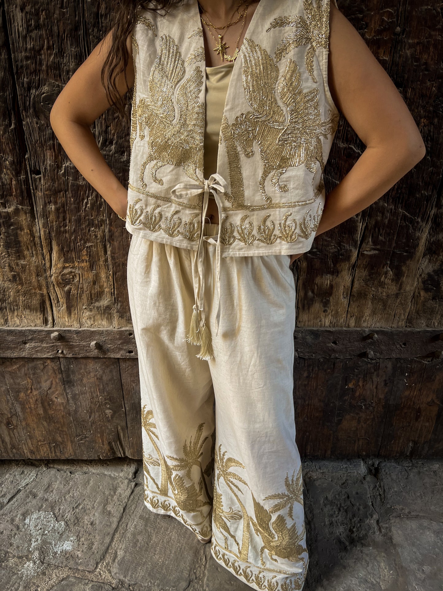 Boho Gold embroidery Horses linen set