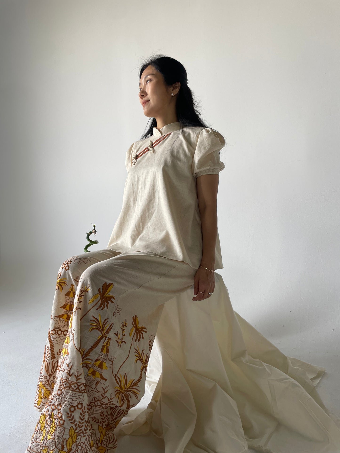 Chinoiserie Puffed sleeves brown blouse