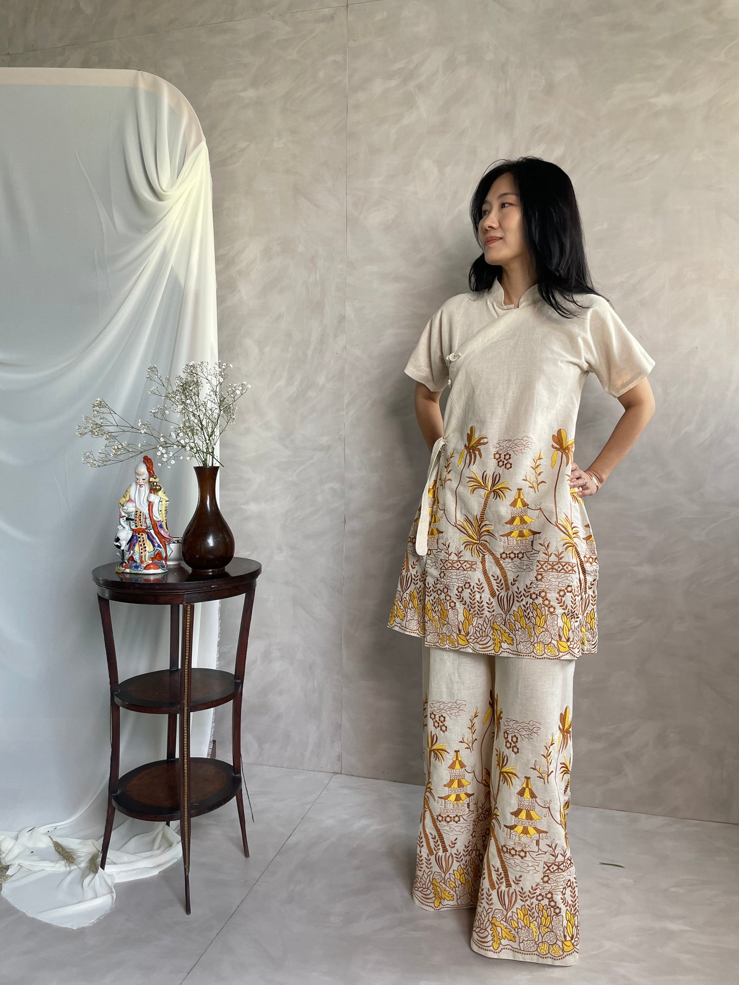 Cheongsam Dress - Brown and Yellow Embroidery