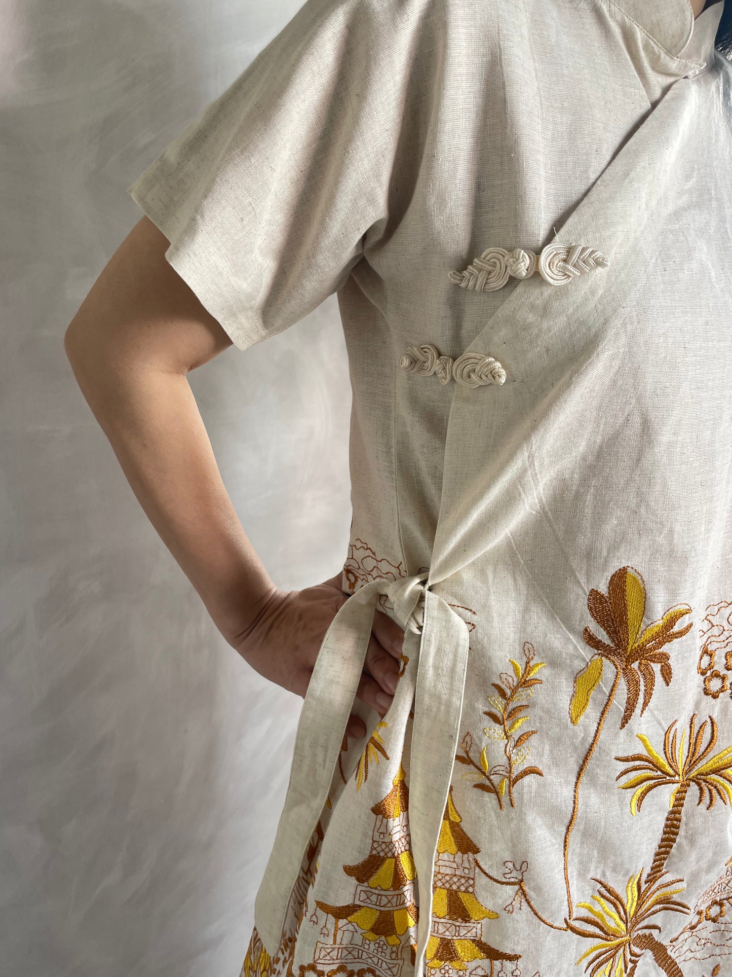 Cheongsam Dress - Brown and Yellow Embroidery