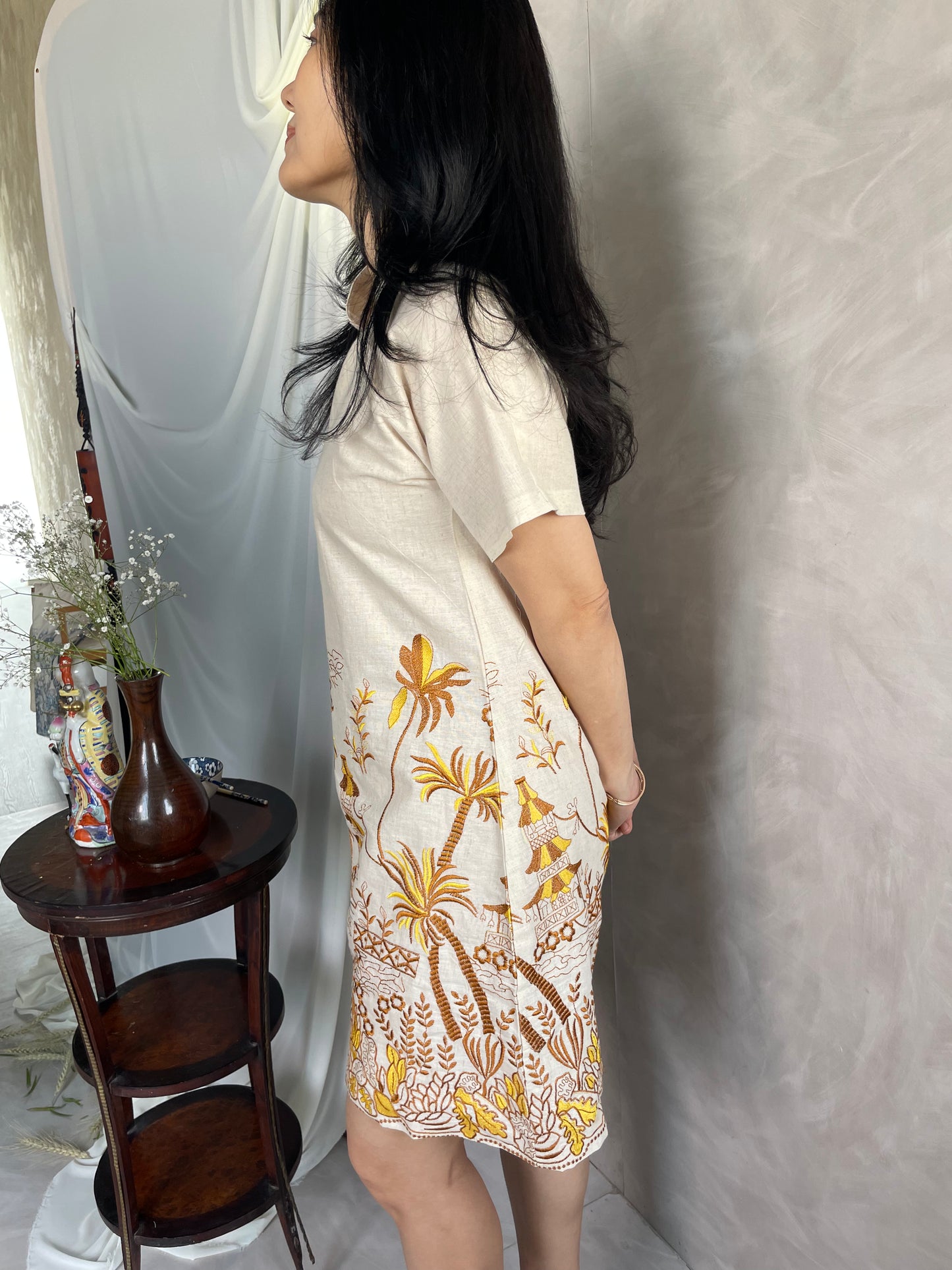 Cheongsam Dress - Brown and Yellow Embroidery