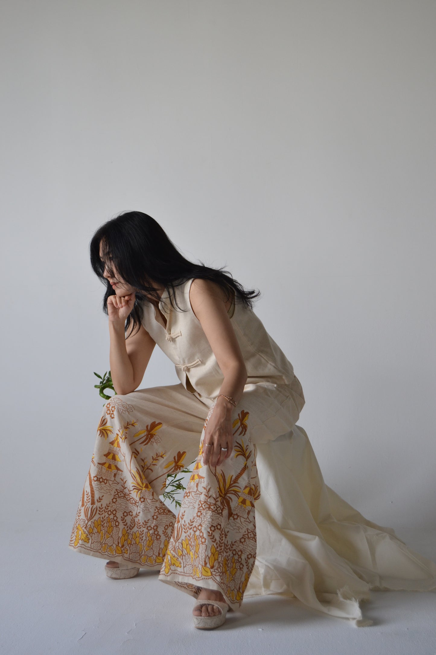 Brown and yellow Embroidered Pants