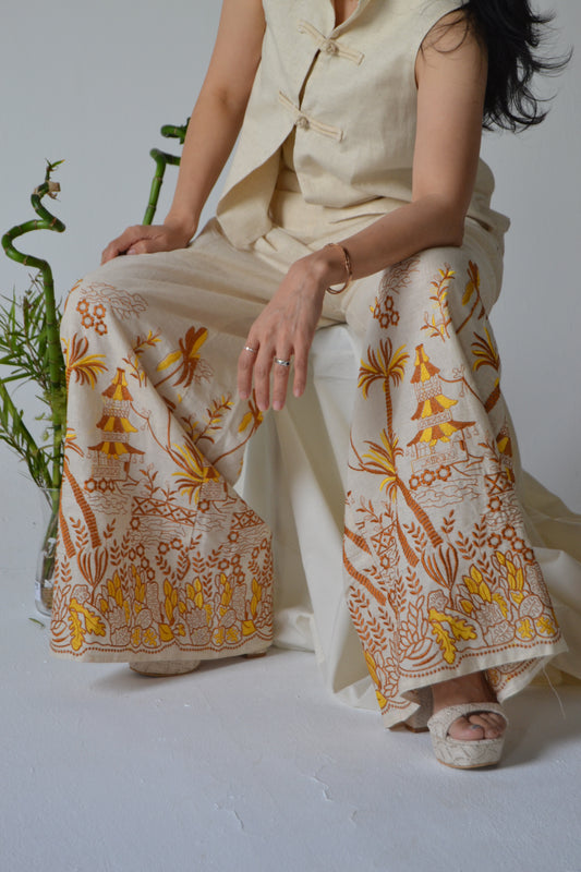 Brown and yellow Embroidered Pants