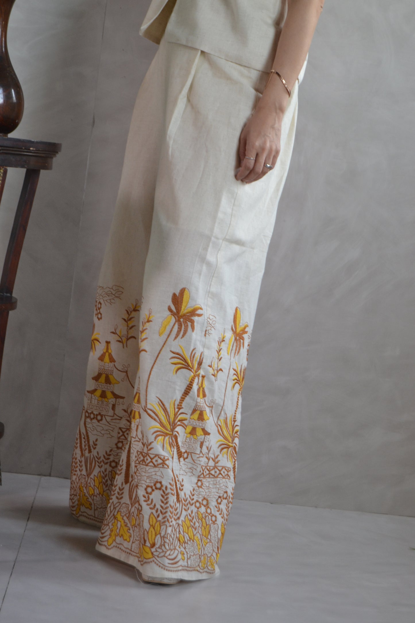 Brown and yellow Embroidered Pants