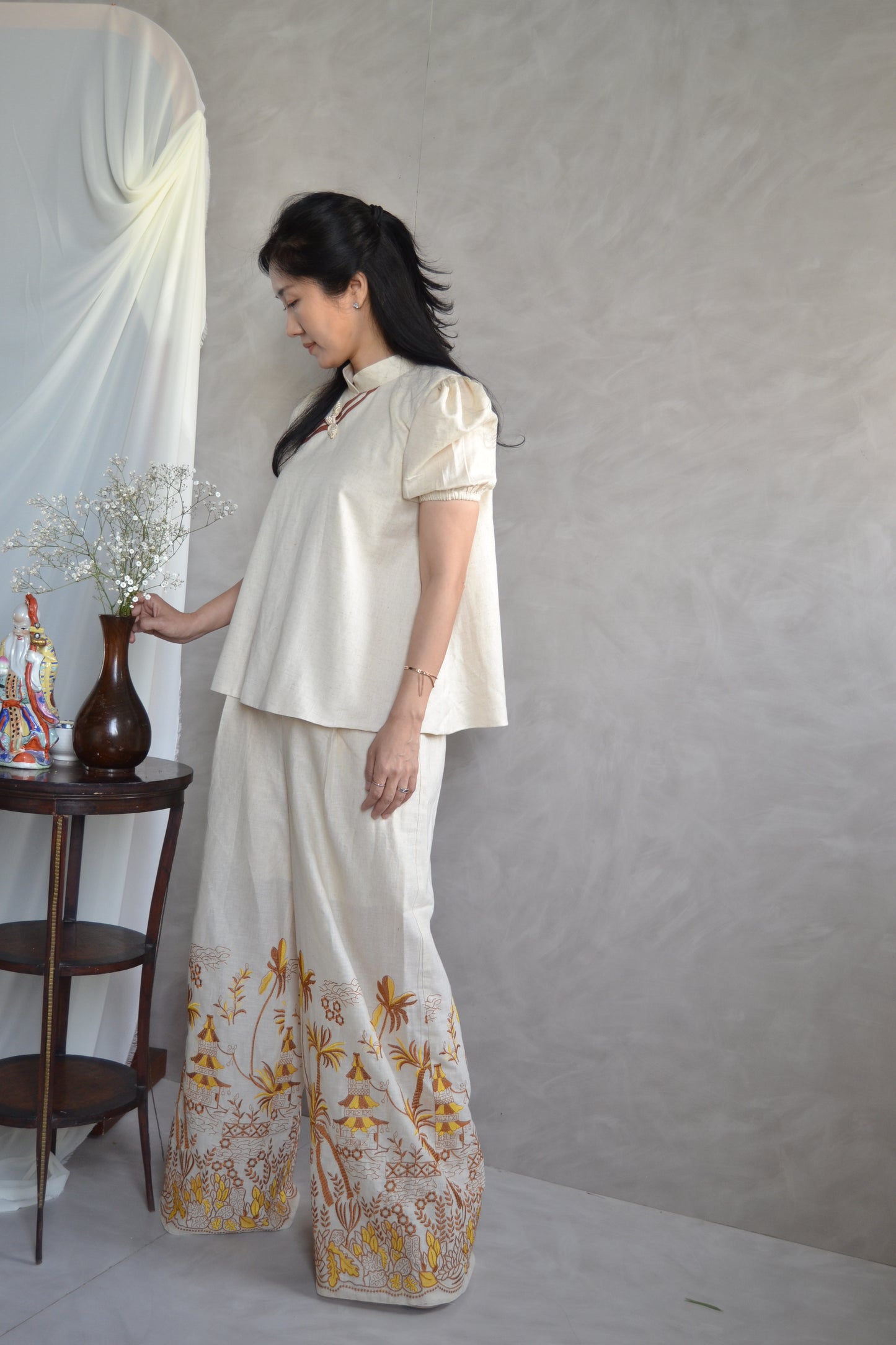 Brown and yellow Embroidered Pants