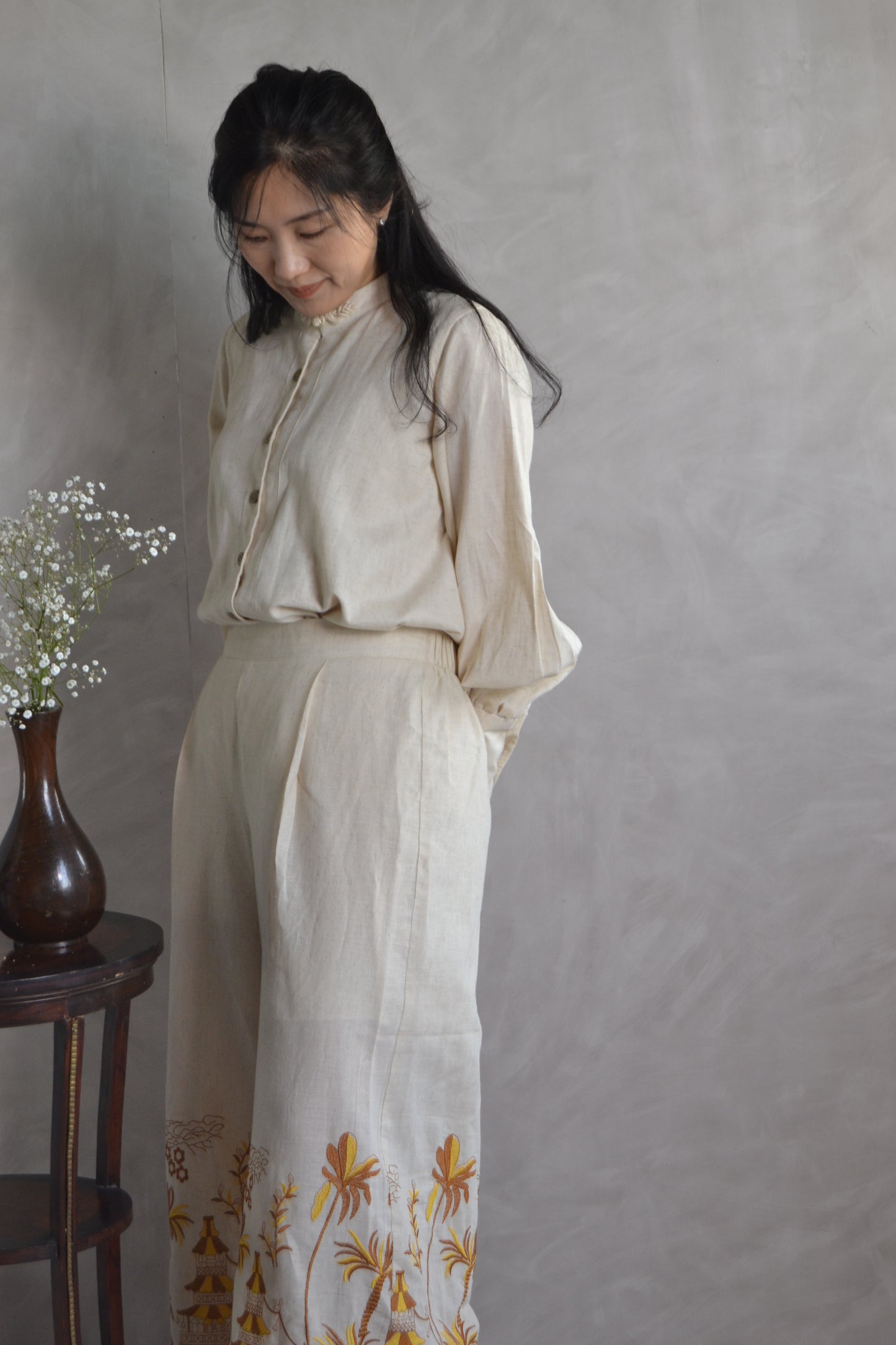 Brown and yellow Embroidered Pants