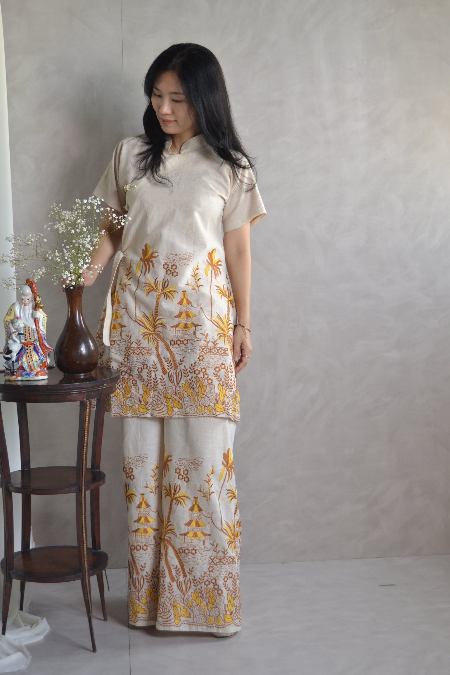 Brown and yellow Embroidered Pants