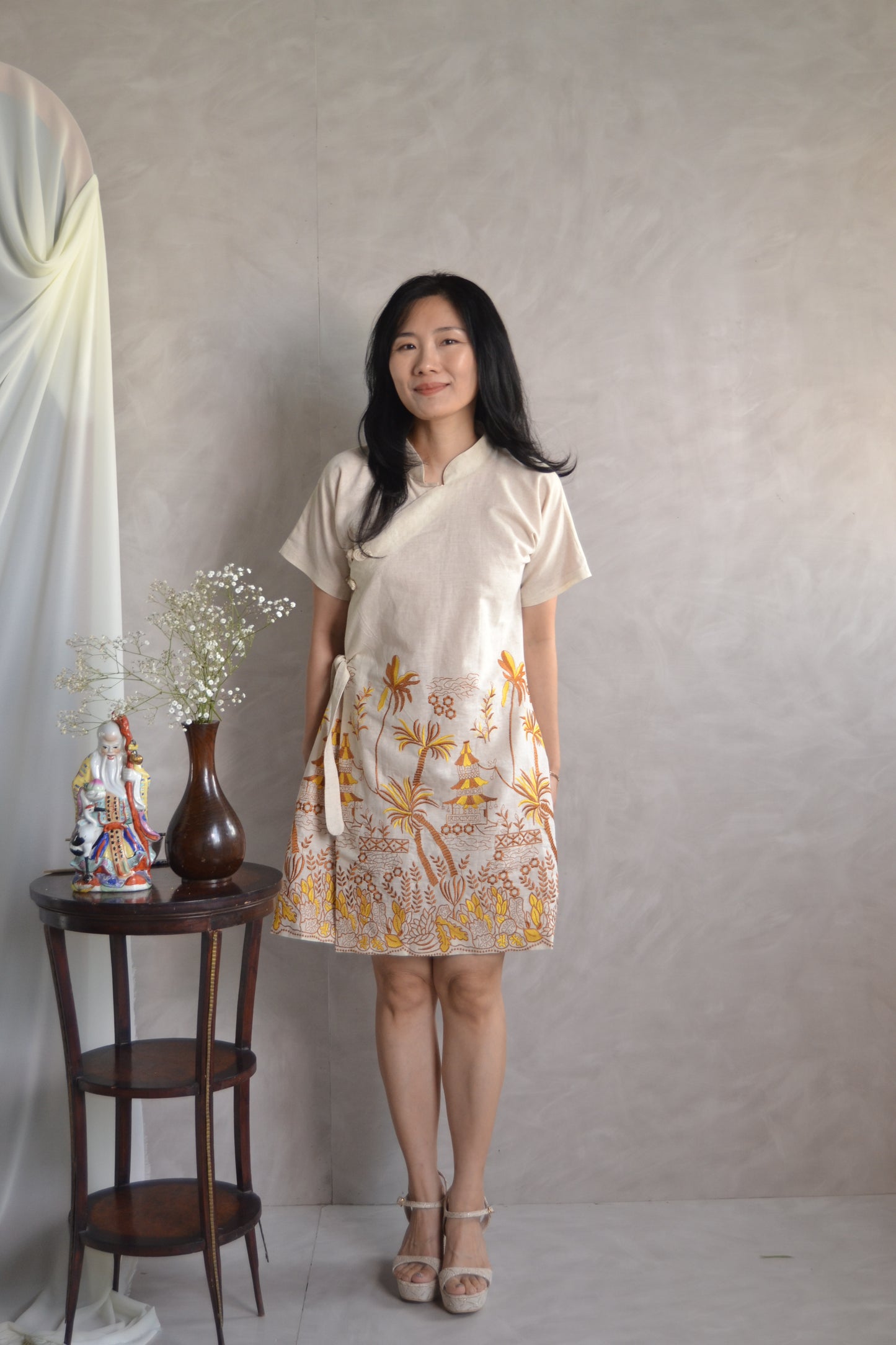 Cheongsam Dress - Brown and Yellow Embroidery