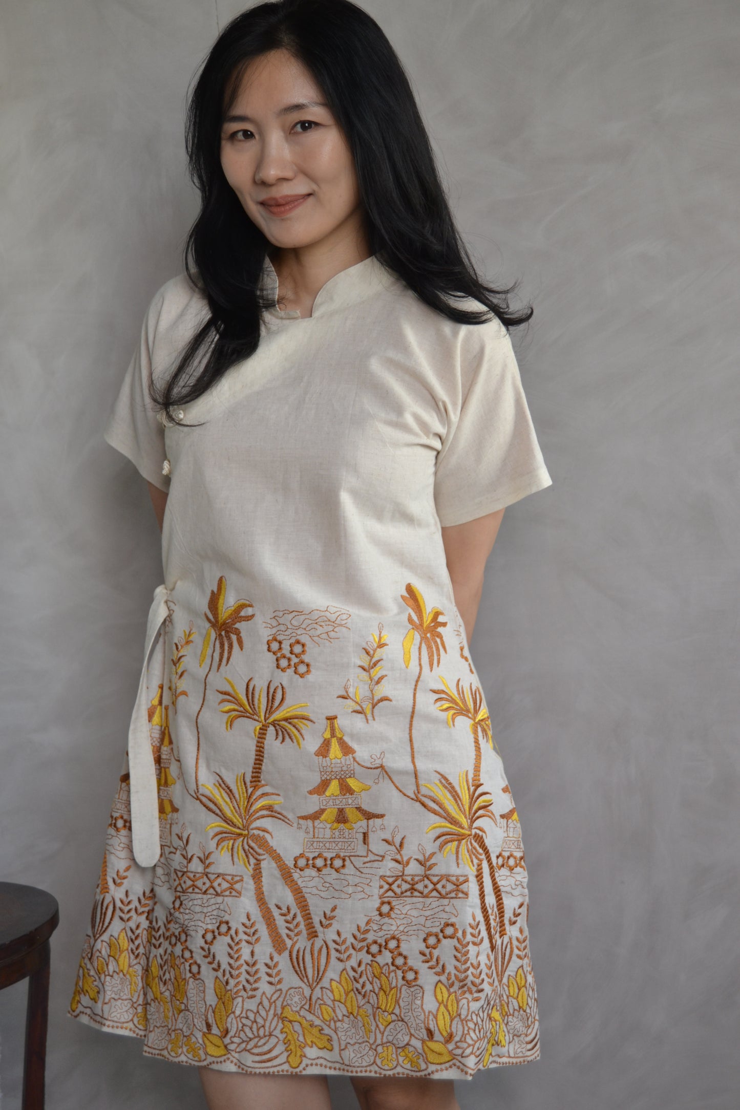 Cheongsam Dress - Brown and Yellow Embroidery
