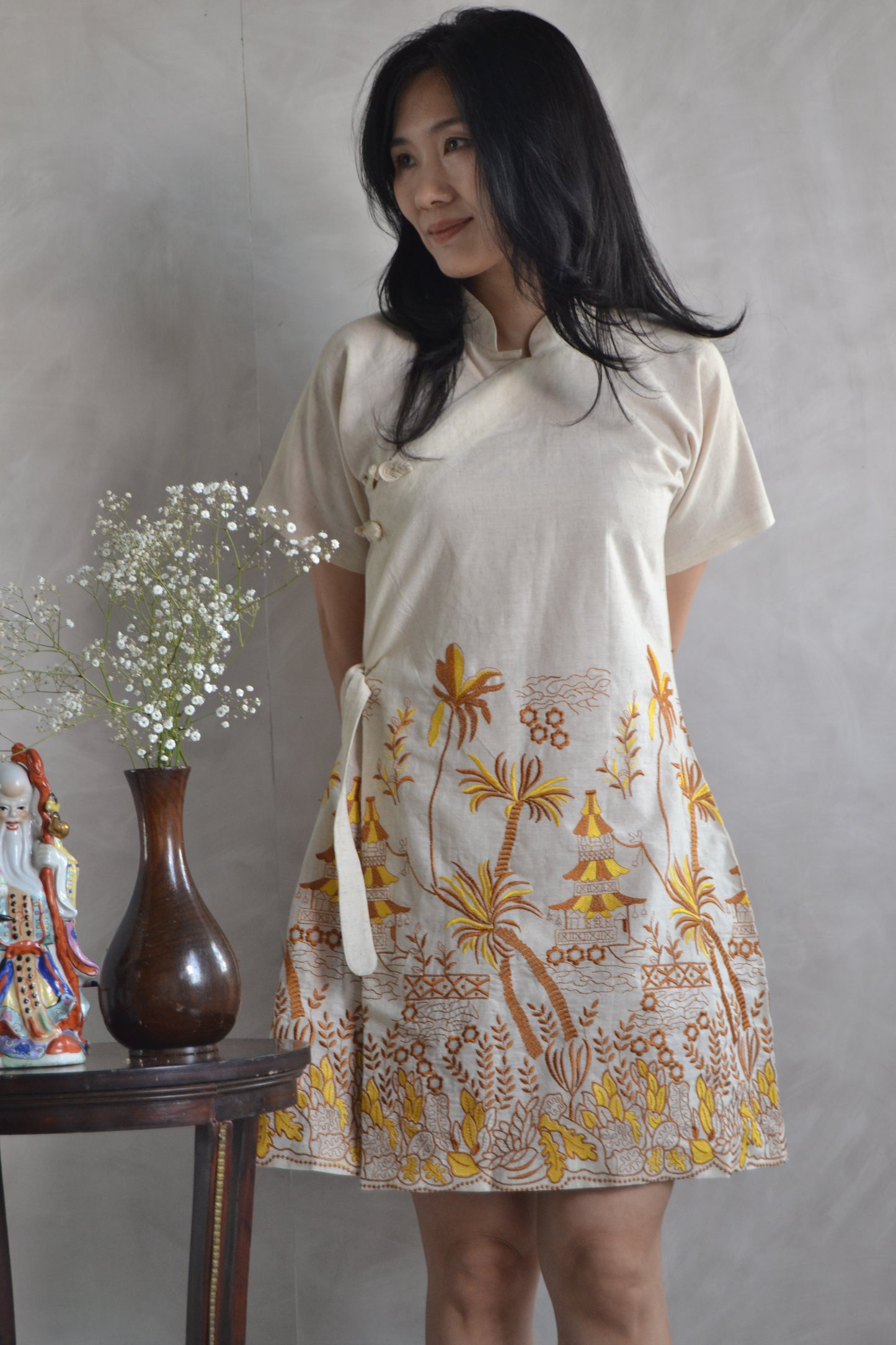 Cheongsam Dress - Brown and Yellow Embroidery