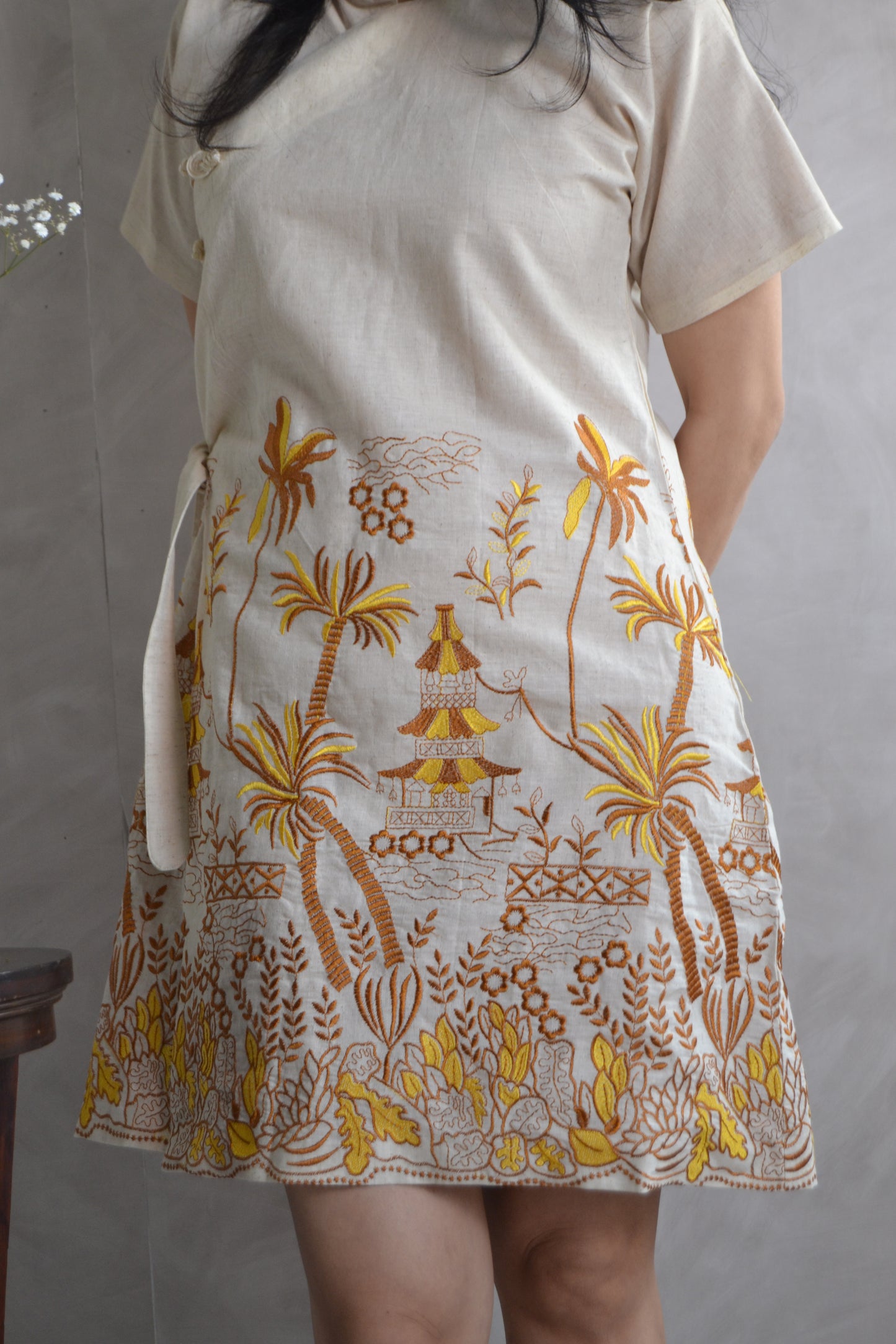 Cheongsam Dress - Brown and Yellow Embroidery