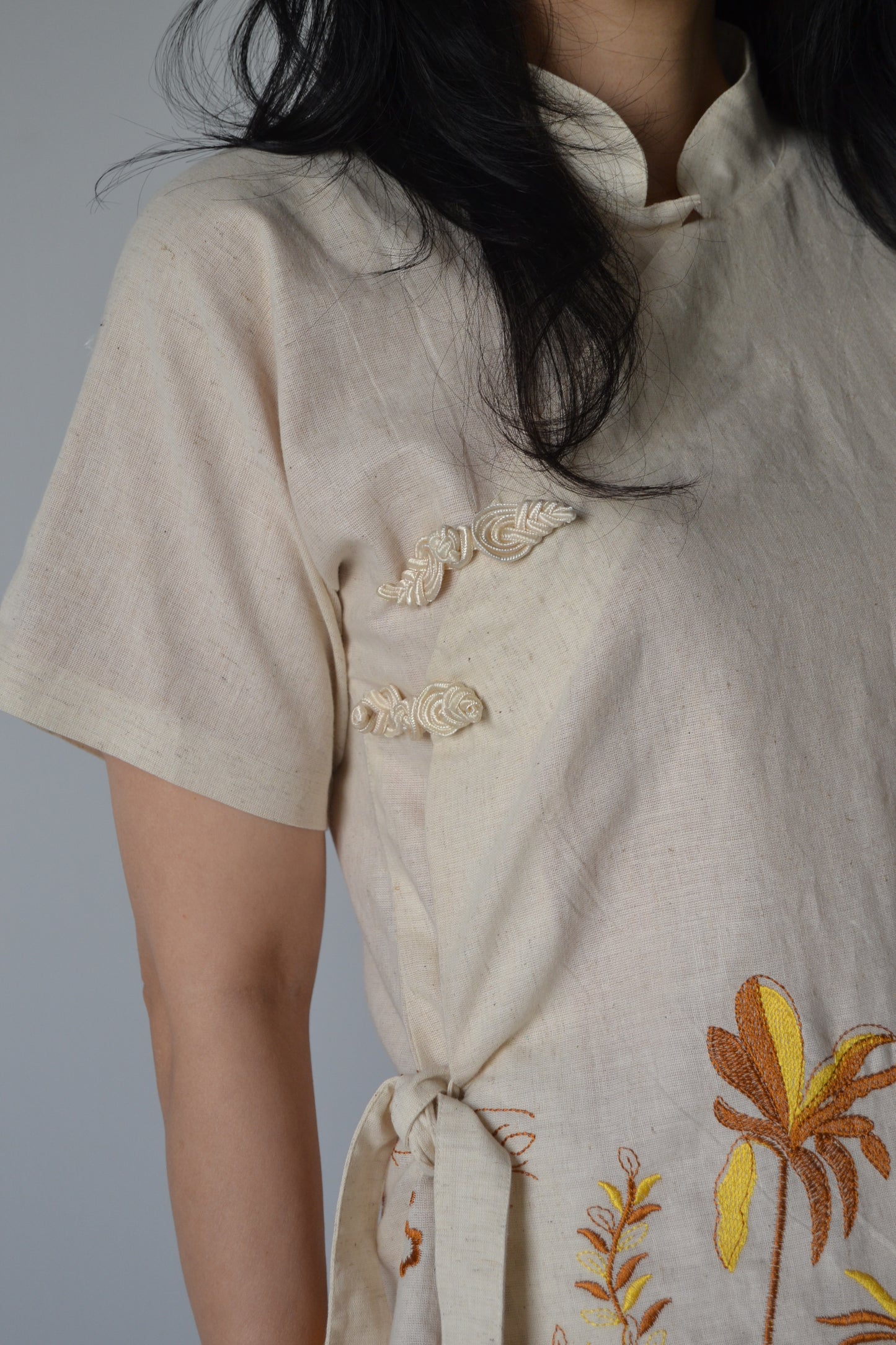 Cheongsam Dress - Brown and Yellow Embroidery