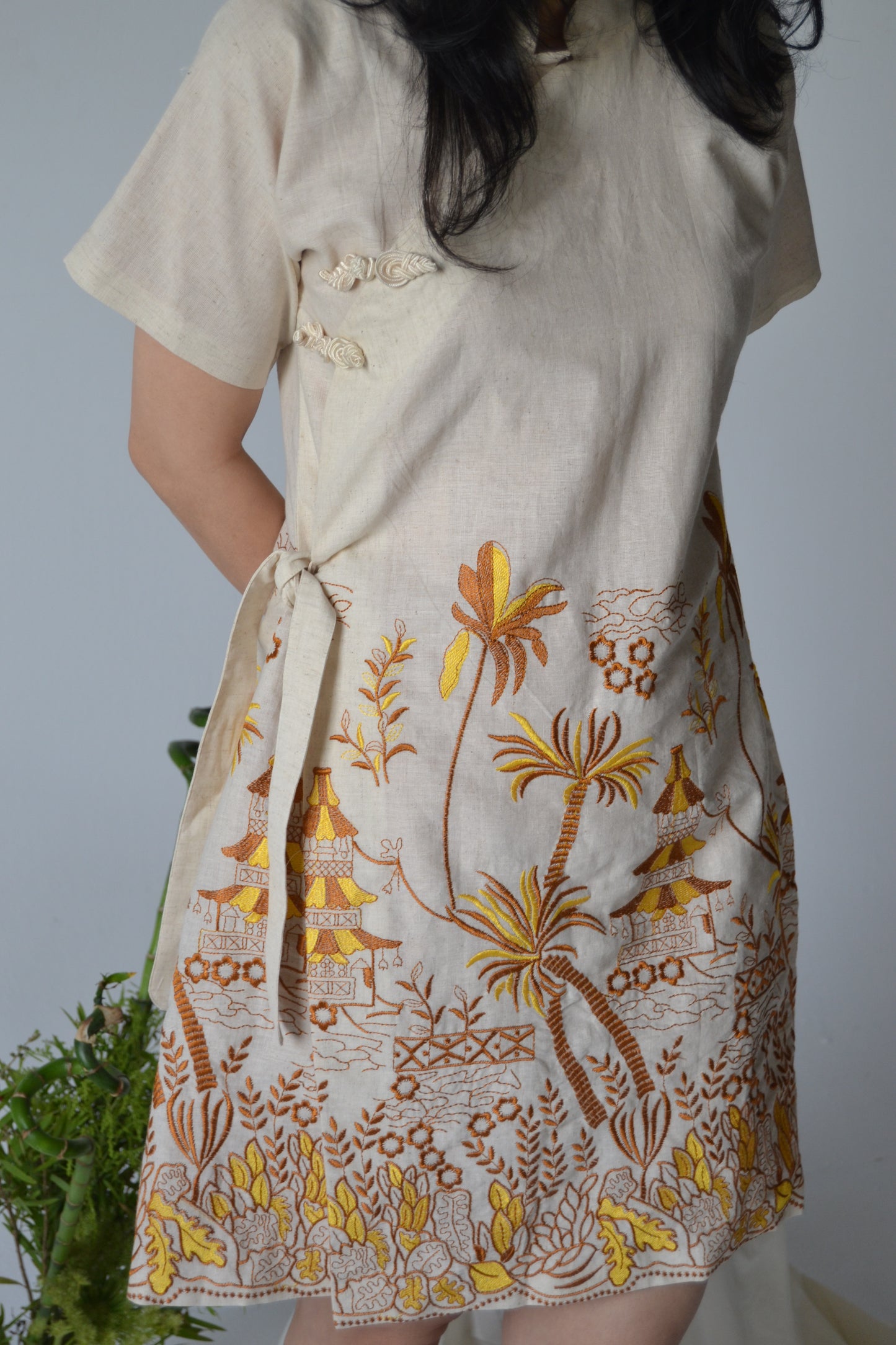 Cheongsam Dress - Brown and Yellow Embroidery