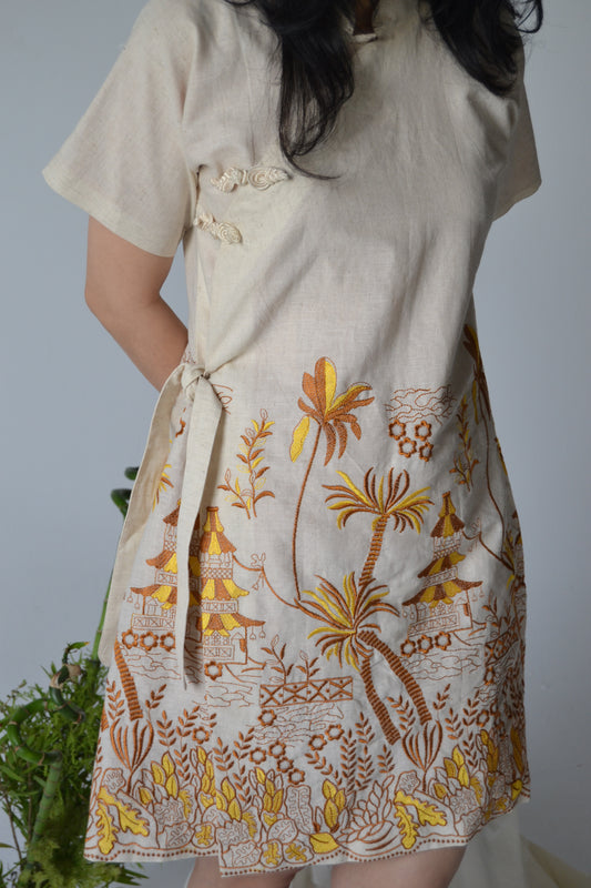 Cheongsam Dress - Brown and Yellow Embroidery