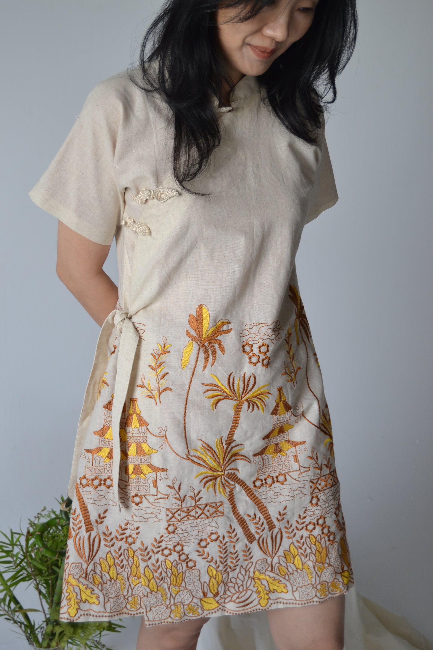 Cheongsam Dress - Brown and Yellow Embroidery