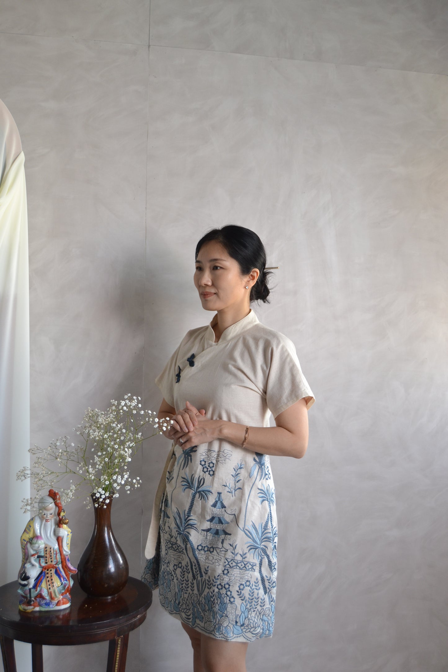 Cheongsam Dress - Navy and blue Embroidery
