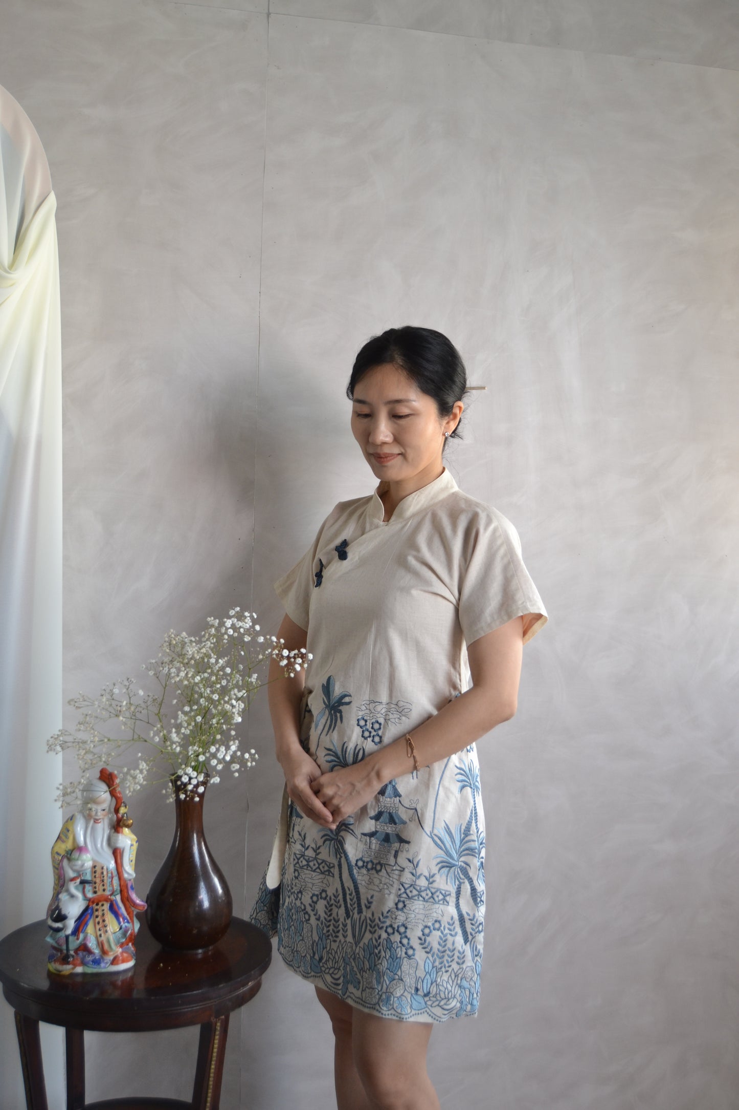 Cheongsam Dress - Navy and blue Embroidery