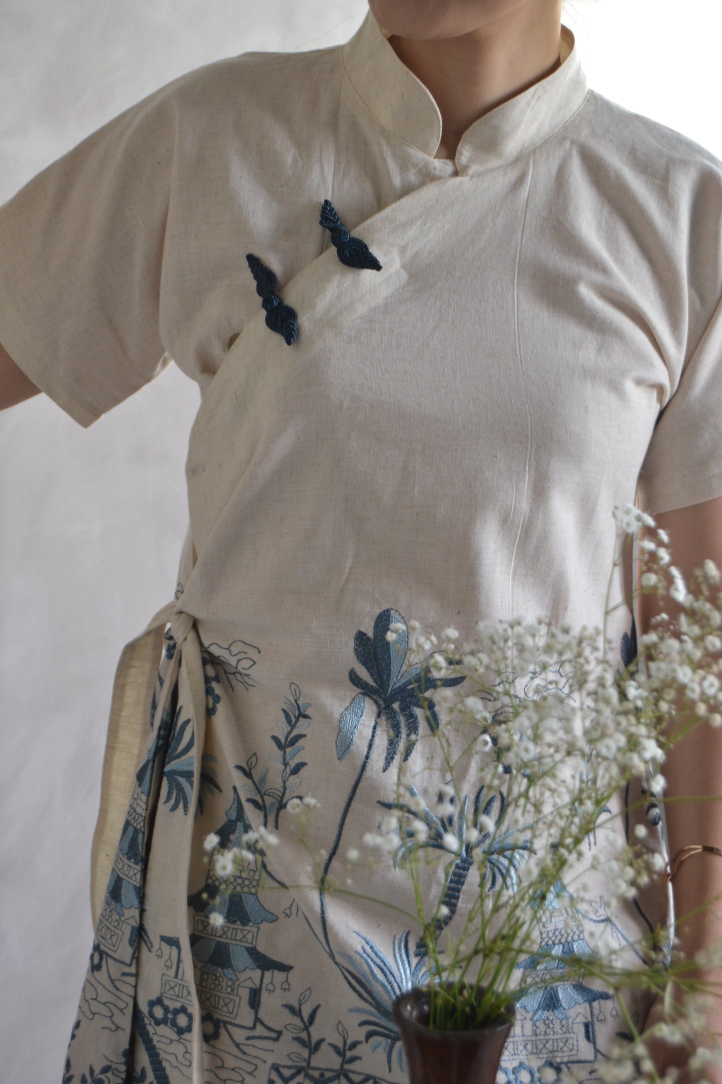 Cheongsam Dress - Navy and blue Embroidery