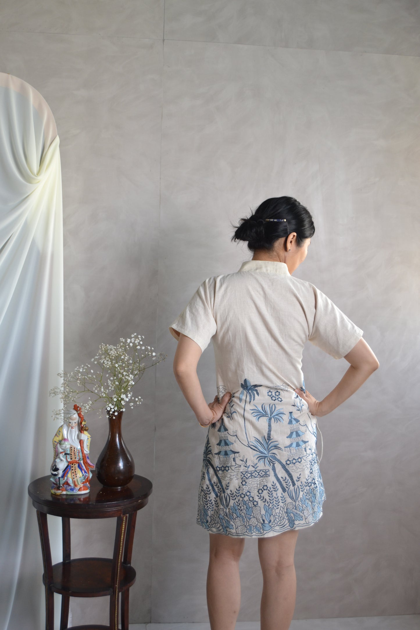 Cheongsam Dress - Navy and blue Embroidery