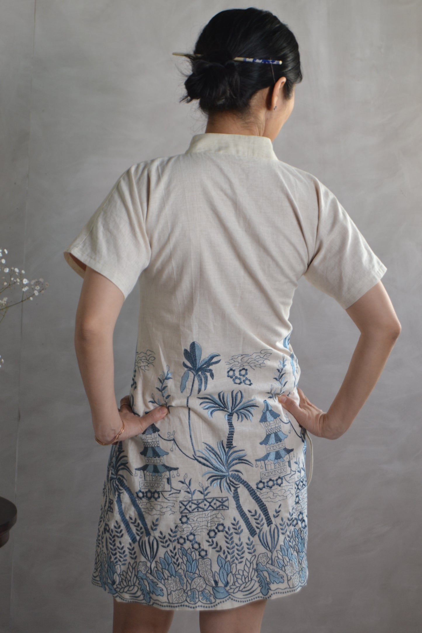 Cheongsam Dress - Navy and blue Embroidery