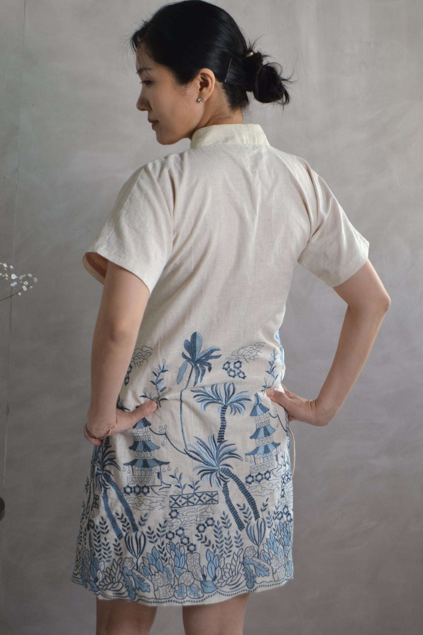 Cheongsam Dress - Navy and blue Embroidery