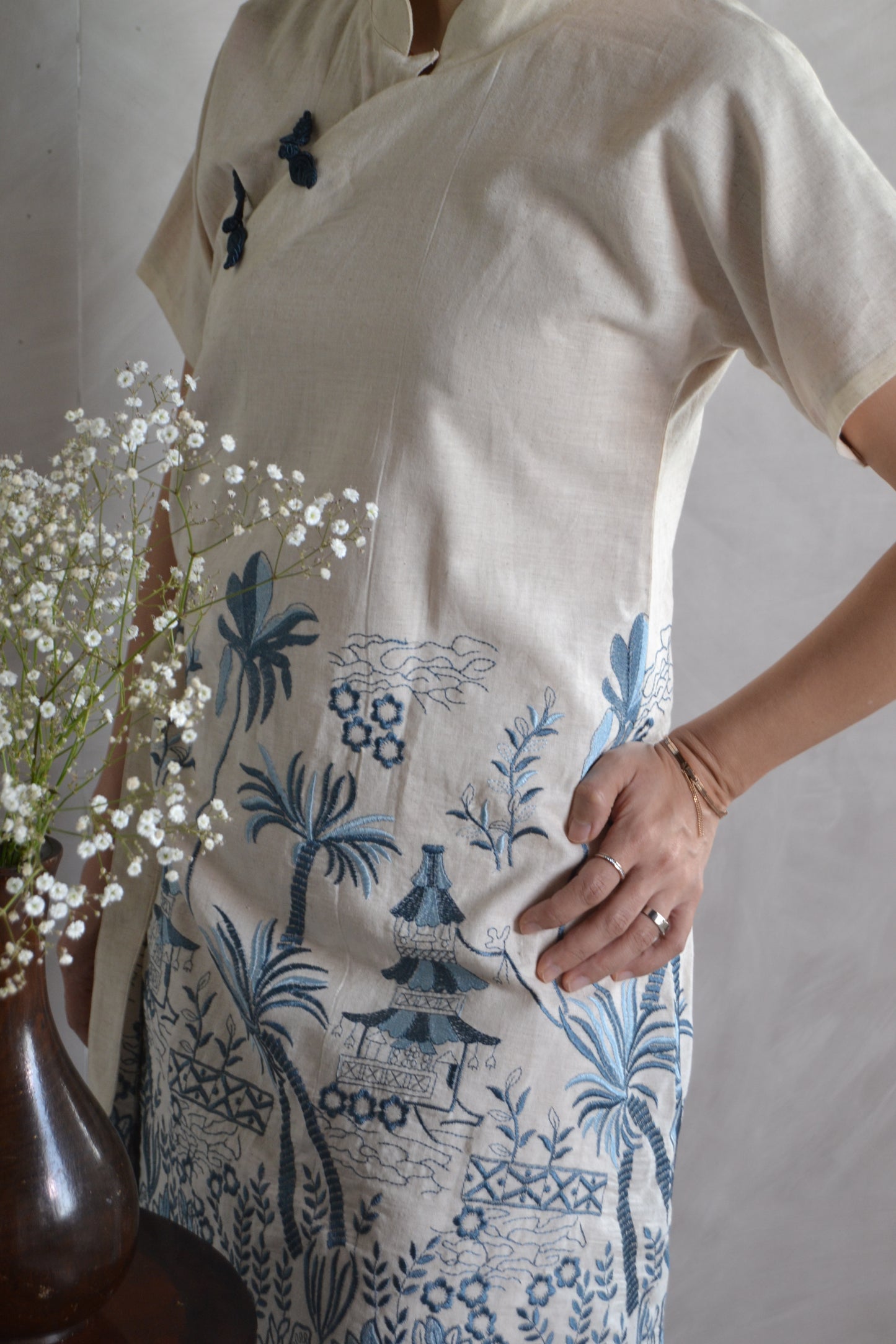 Cheongsam Dress - Navy and blue Embroidery