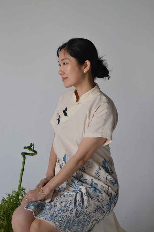 Cheongsam Dress - Navy and blue Embroidery